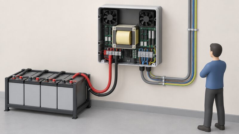 A wall-mounted inverter-charger with its front cover removed, revealing a large internal transformer, rows of terminal blocks and cooling fans, with thick DC cables from a battery bank and AC cables entering the unit.