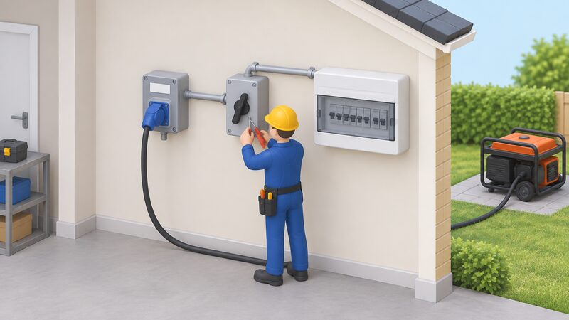 A wall-mounted manual changeover switch beside a consumer unit, connected by conduit to a labelled generator inlet box on the same wall, with a small isometric electrician figure working at the switch with a screwdriver.
