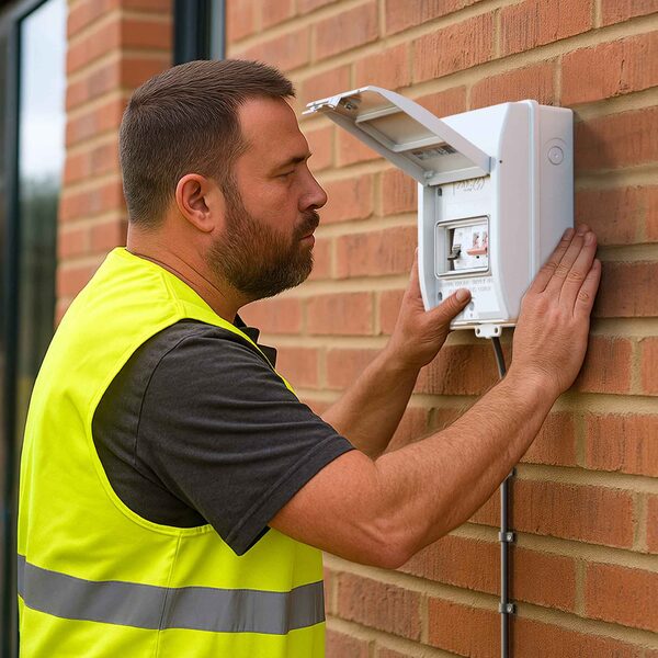 An electrician in a hi-vis vest installing a white consumer unit on an exterior brick wall