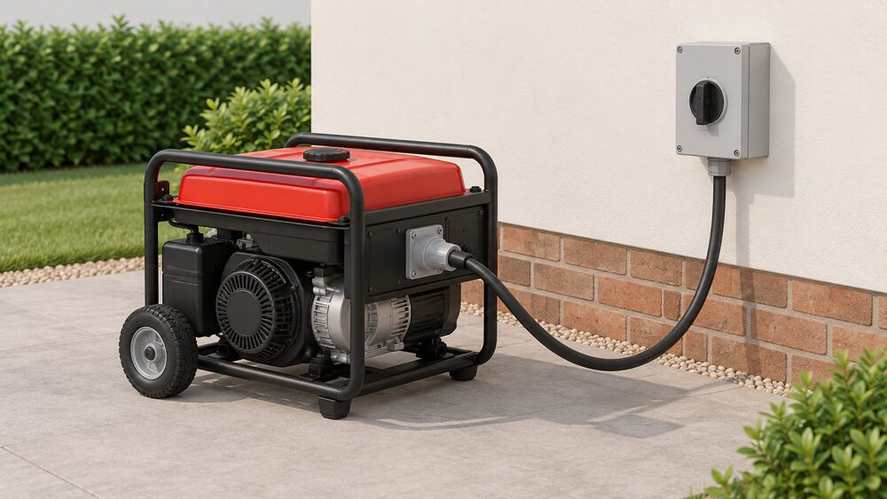 A portable petrol generator standing outdoors on the ground beside an external house wall, its cable running to a wall-mounted changeover switch box, with the wall socket route shown as absent.