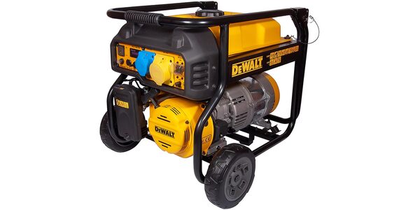 A yellow and black DeWalt portable petrol generator on wheels with power sockets and control panel