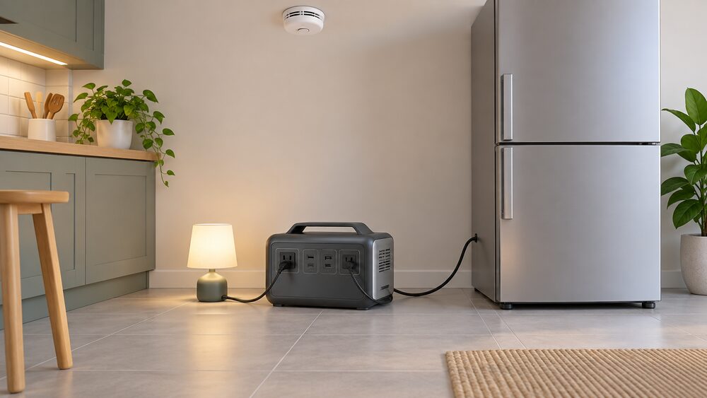 A portable battery power station, a plain rectangular case with sockets on its front panel, sits on a kitchen floor with a cable running from it to a fridge beside it, a small lamp plugged in nearby, and a smoke alarm visible on the ceiling above.