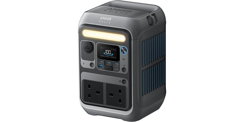 An Anker Solix C300X portable power station with UK plug sockets, USB ports and a light bar