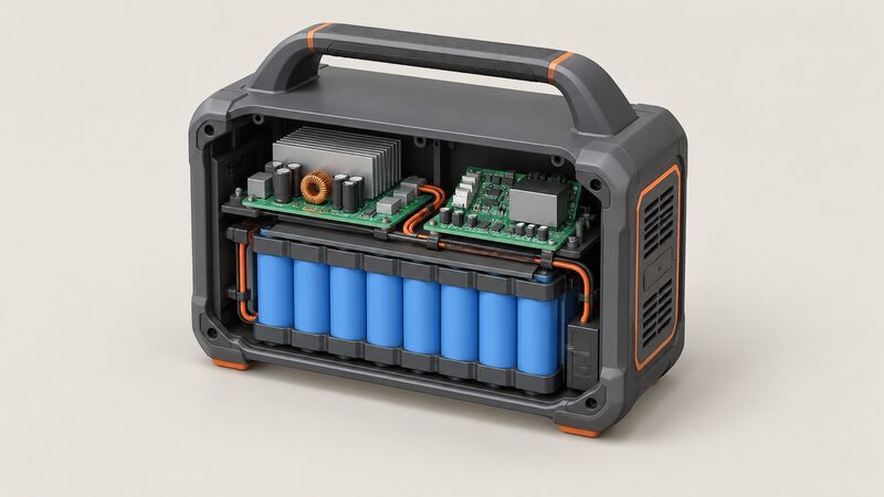 A portable power station shown as an open cutaway box on a plain surface, revealing a battery pack, an inverter board and a charge controller board inside the single casing, with no fuel, exhaust or engine parts present.