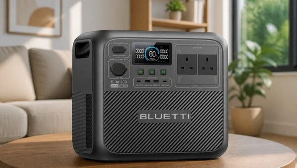 A BLUETTI Elite 200 V2 portable power station with UK sockets sitting on a table in a living room