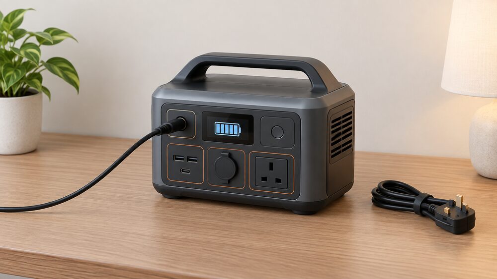 A single portable power station standing whole on an indoor table, its case closed, with an LCD display on the front, a charging cable plugged into its input socket and a folded mains lead resting beside it on the table surface.