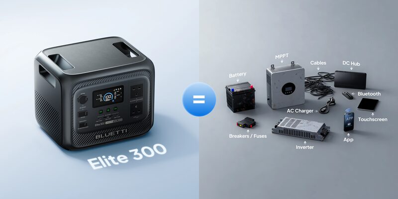 A BLUETTI Elite 300 portable power station next to a labelled diagram of its internal components (battery, inverter, MPPT, charger, cables)