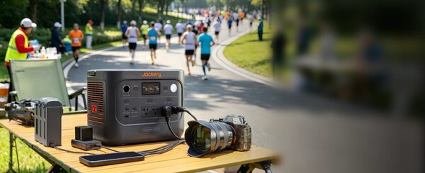 A Jackery portable power station on a table outdoors at a running event, charging a camera, phone and other devices