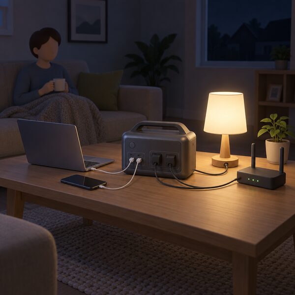 A small portable power station on a table in a dim living room during a power cut, with charging cables running to a phone and a laptop beside it and separate leads powering a lit LED lamp and a broadband router.