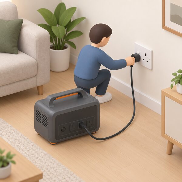A portable power station sitting on a floor or worktop indoors, connected by its charging cable to a normal wall mains socket, with a small isometric figure plugging the cable in as the unit recharges its battery from the household electricity supply.