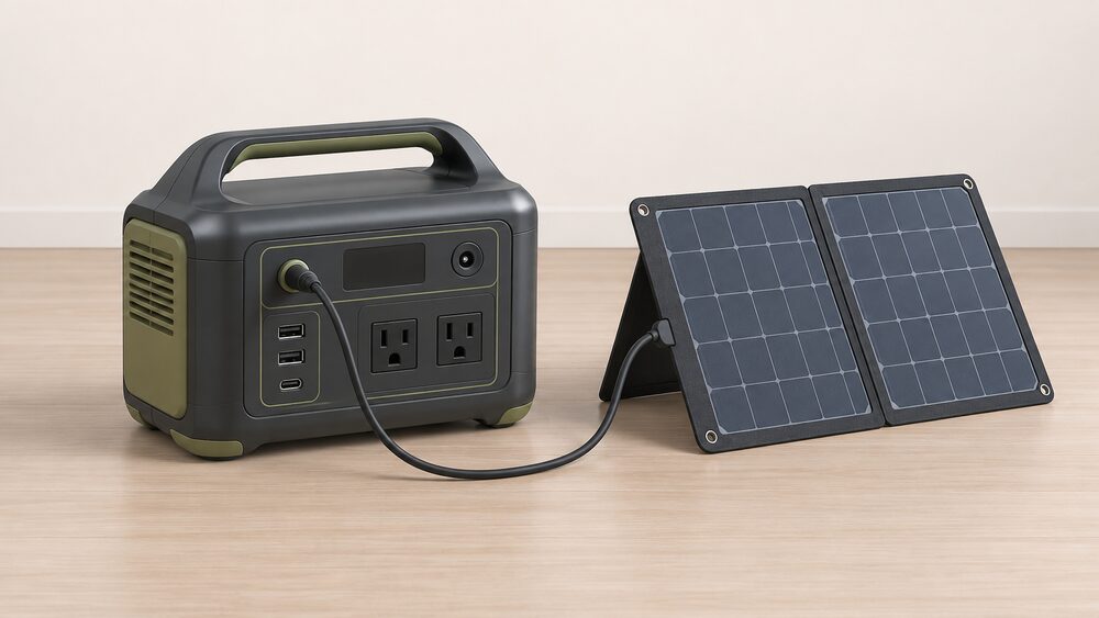 A close-up of a single portable power station, a sealed lithium battery in one case with AC outlets, USB ports and a DC outlet on its face, standing on a floor indoors with a charging cable plugged into one of its sockets and a small fold-out solar panel resting beside it, connected by a cable, with nothing else in the scene.