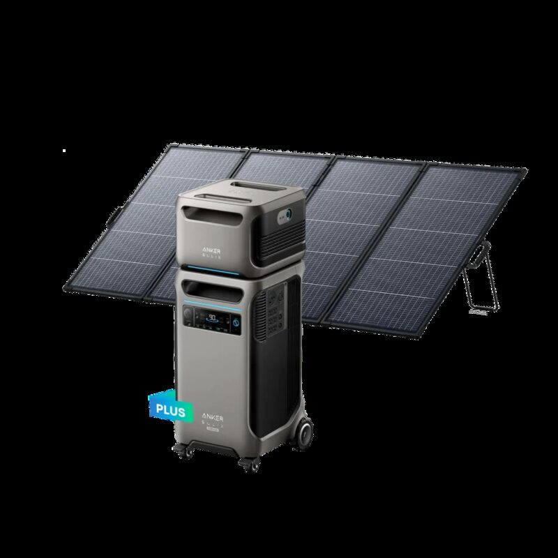 A diagram of a portable power station indoors with a matching expansion battery connected beside it by a short cable, and small folding solar panels outside connected by a cable to the unit's solar input port.