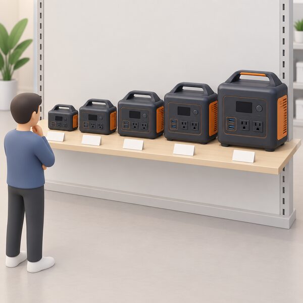 A shop shelf displaying a row of portable power stations in increasing size from small to large, each with a blank price label beneath it, illustrating how price rises with capacity within one maker's range.