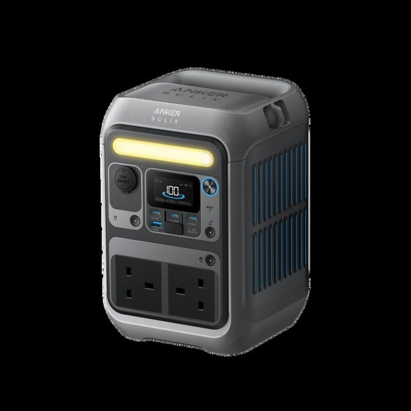 An Anker SOLIX C300 portable power station with UK sockets, USB ports, display and light, on a white background