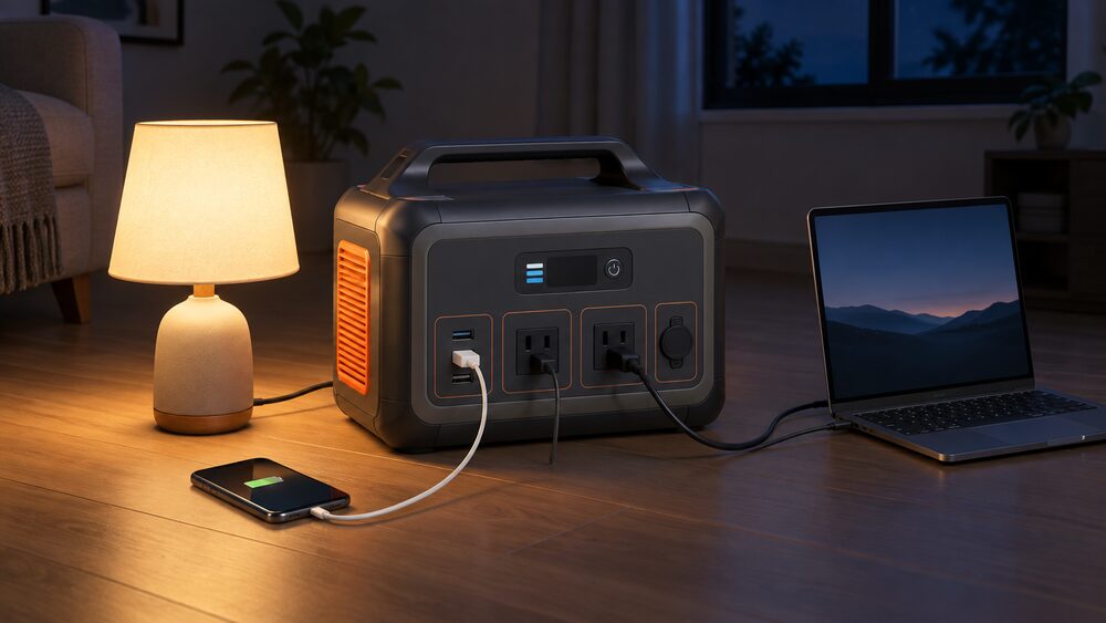 A large portable power station standing on a floor indoors at night during a power cut, its AC socket powering a lit table lamp beside it while a phone charges from one of its USB ports and a laptop runs from another outlet.