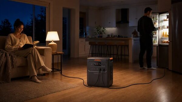 A Jackery portable power station on a living room floor powering a lamp and fridge during a night-time power cut, with a woman reading and a man at the fridge