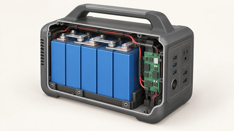 A cutaway view of a portable power station case revealing a LiFePO4 battery pack of prismatic cells wired together, with a battery management board beside them, drawn as a simple technical illustration on a plain background.