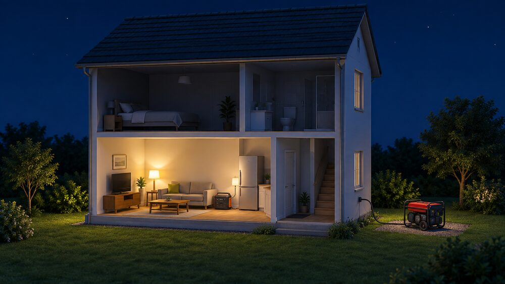A cutaway house at night during a power cut: a portable power station the size of a small cooler with handles sits indoors in a lit living room powering a lamp and a fridge, while a portable petrol generator stands outside on the ground, well away from the house's doors and windows.