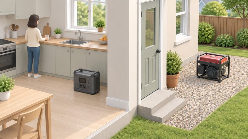 A split scene showing a portable power station standing on a kitchen floor indoors, and a small portable petrol generator placed on the ground outside a back door, positioned well away from the door and any windows.
