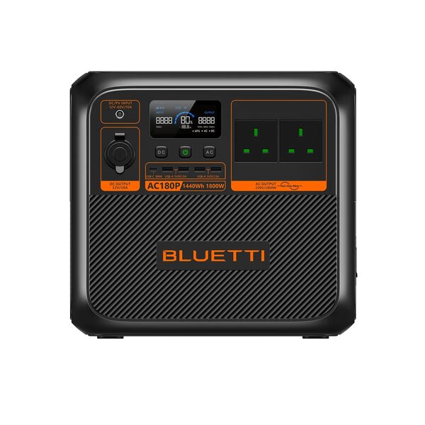 A BLUETTI AC180P portable power station with display, sockets and USB ports on a white background