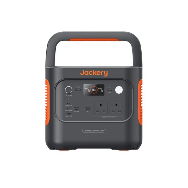 A Jackery Explorer 2000 portable power station with handle, display and UK-style AC sockets on a white background