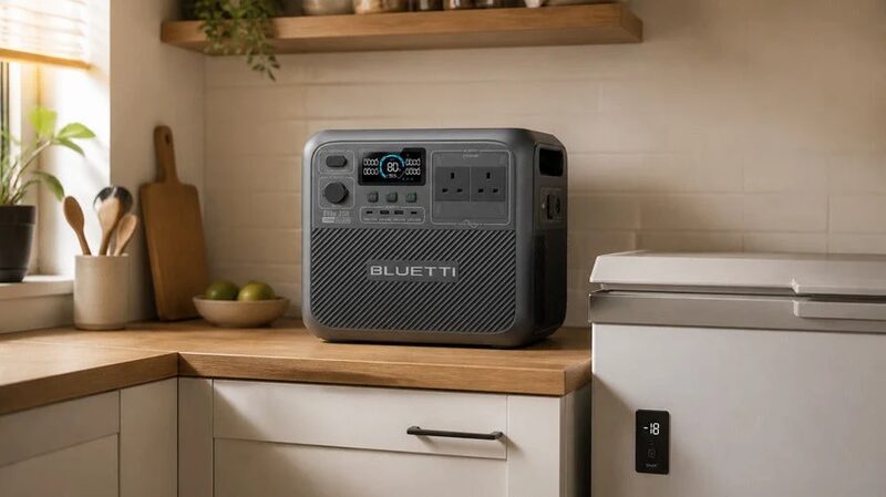 A boxy portable power station with a handle sits on a kitchen worktop, its own AC sockets feeding a table lamp and a small fridge and a USB port charging a phone, with no cable running to the house wall socket behind.