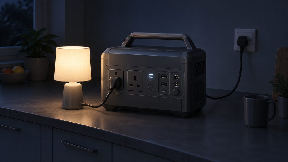 A close-up of a portable power station the size of a small drink cooler, standing on a kitchen worktop in a dark house during a power cut, its handle visible, with a three-pin AC socket in use, USB ports and DC outlets on its face, and a mains lead running to a wall socket for recharging.