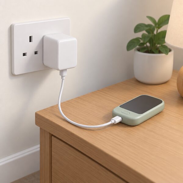 A plain plug-in charger adaptor plugged into a wall socket, with its short lead running to a small battery-powered device on a nearby surface, shown as the kind of unit sitting between the mains supply and a battery or appliance that recall notices cover.