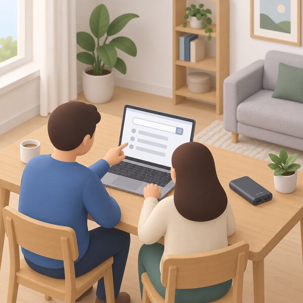 A household scene with two simplified figures at a laptop on a table, its screen showing a plain recall-checker page with a search box and blank result lines, a power bank resting beside the laptop as the product being checked.