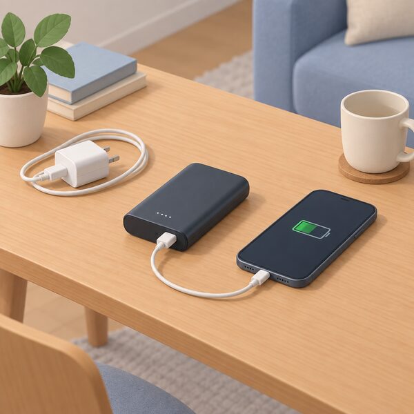 A small handheld power bank on a table in a home, connected by a short cable to a phone it is charging, with its mains charging plug and lead resting nearby, showing the unit storing energy locally and delivering it without the grid.