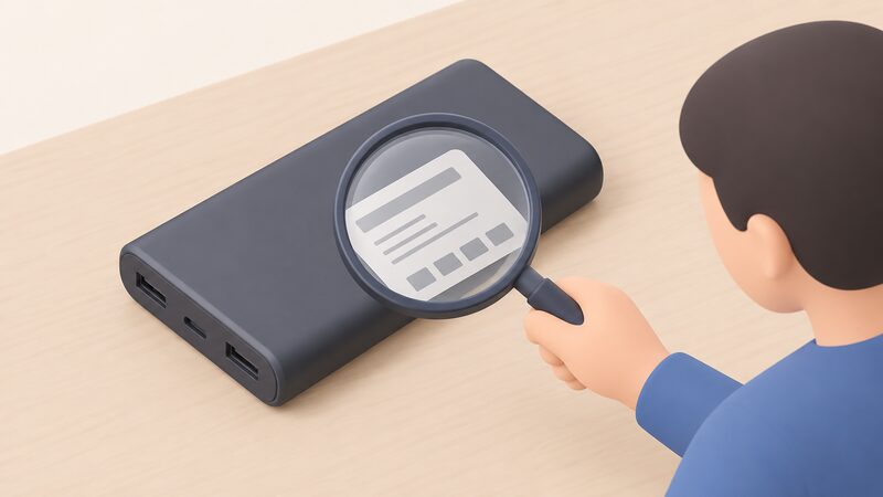 A close-up of a plain rectangular power bank lying on a table with its rating label on the body shown as blank lines and simple blocks, with a person's simplified isometric hand holding a magnifying glass over the label to read the model and batch characters.