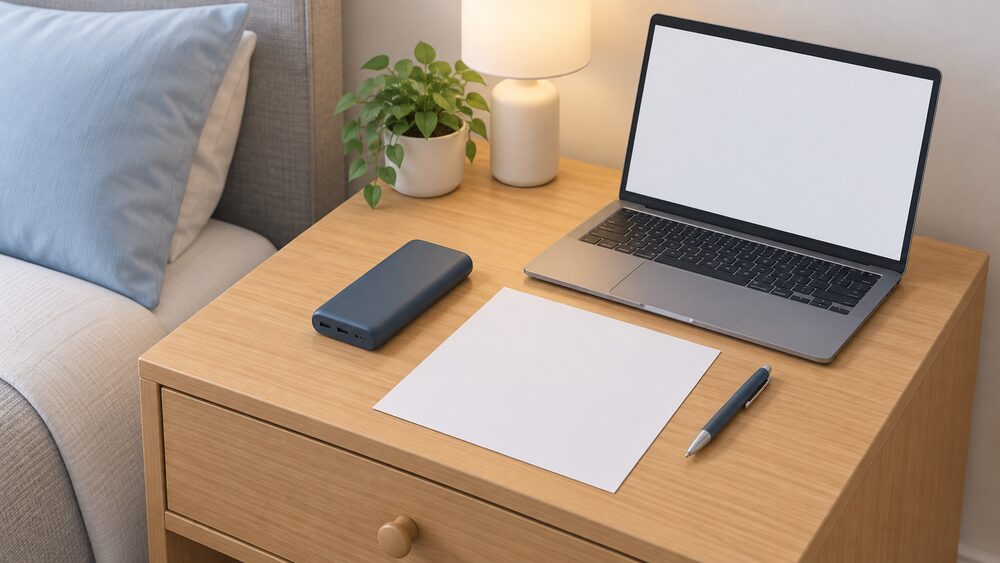 A power bank lying unplugged on a bedside table beside a blank printed recall notice, an open laptop with a blank screen, and a pen, showing the moment an owner stops using the item and checks it against published notices.