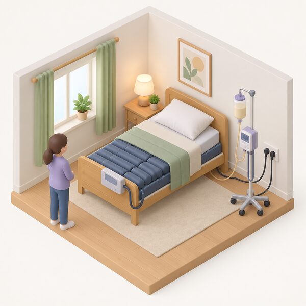 A simplified isometric view of a home bedroom corner showing a specialised medical mattress on a bed and a feeding system on a stand beside it, both plugged into a wall socket, with a small figure standing nearby.