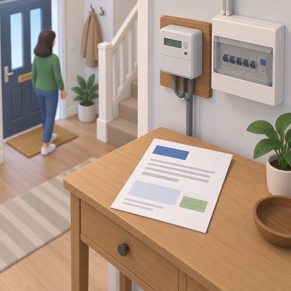 A printed compensation payment letter from the network operator lying on a hallway table in a home, arriving automatically after a long power cut, with blank lines and plain colour blocks instead of readable figures, near a household electricity meter and consumer unit.