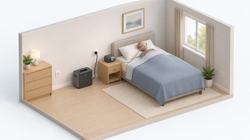 A small home battery backup unit on the floor beside a wall, with a single cable running from it to one wall socket that powers a piece of medical equipment, while the rest of the room's sockets stay unconnected.