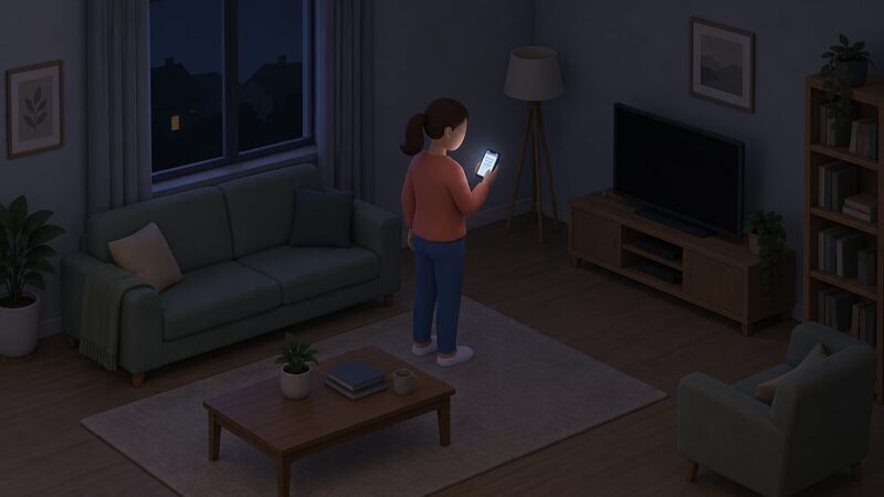 A householder standing in a dimly lit living room reads a power cut alert text on a mobile phone, the room's lights and appliances dark around them, showing the alert arrives but the electricity supply stays off.