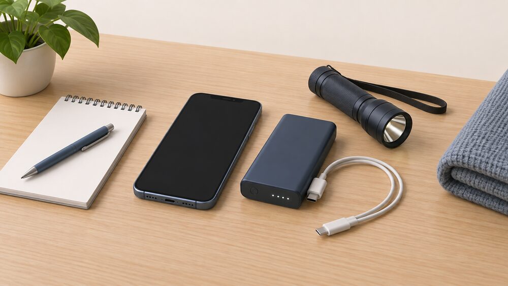 A small tabletop arrangement showing a mobile phone lying face up with a blank screen beside a compact battery pack with a charging cable, a blank notepad and pen, and a torch, the things a medically dependent household keeps ready for a power cut alert.