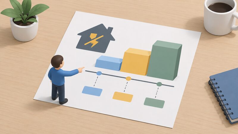 A printed diagram sheet on a table showing a stepped timeline of a power cut with plain colour blocks marking the 12, 24 and 48 hour thresholds and rising payment steps, with a small isometric figure pointing at the sheet.