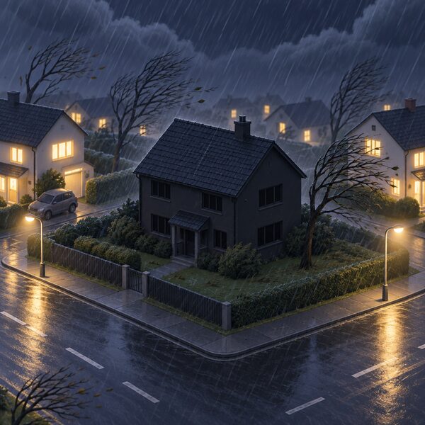 A dark detached house at night in a severe storm, with rain lashing and bare trees bending, while neighbouring houses and streetlights along the road remain lit, showing one home without power during bad weather.