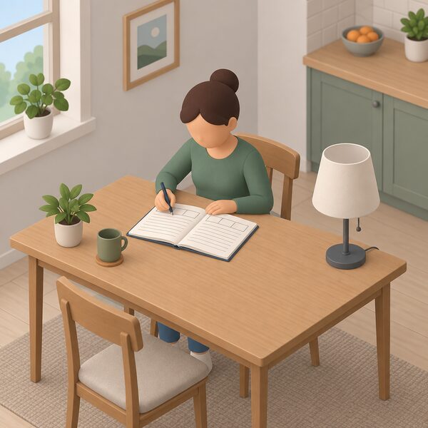 A householder seated at a kitchen table writing by hand in an open notebook, recording the date, start time and restoration time of a power cut, with blank ruled lines and simple blank entry blocks carrying no readable words or numbers, a lamp switched off beside them.