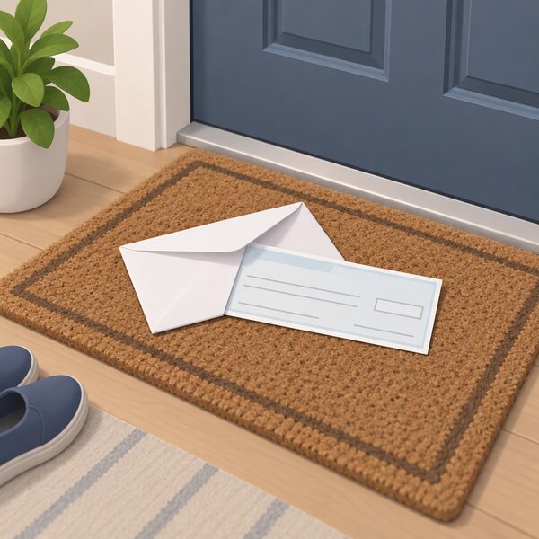 A plain white envelope lying open on a doormat inside a house front door, with a compensation cheque partly slid out beside it, drawn as a physical object with blank lines and no readable words or numbers.