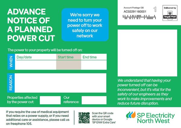 A green advance notice postcard from SP Electricity North West informing customers of a planned power cut, with fields for date, time and reason