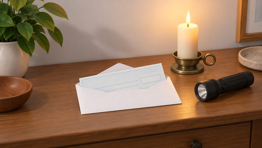 A close-up tabletop scene of a white envelope holding a blank cheque lying on a hall table beside a lit candle in a holder and a battery torch, suggesting a household receiving compensation after a long power cut.