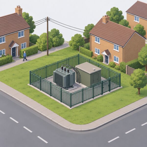 A small ground-mounted local electricity distribution substation of the kind found in London, the South East and East of England, shown simply on a grassed corner beside a residential street with houses and overhead or underground supply lines running towards the homes it serves.