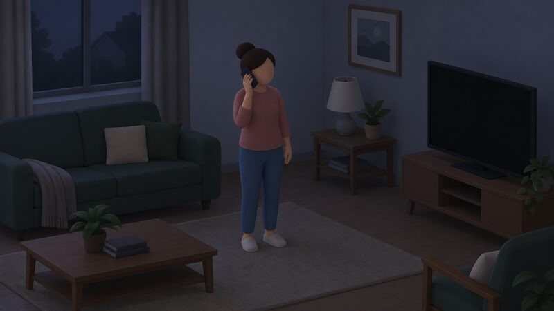 A householder standing in a dim living room during a power cut, holding a mobile phone to their ear and dialling the reporting helpline, with unlit lamps and dark appliances around them showing the electricity supply is off.