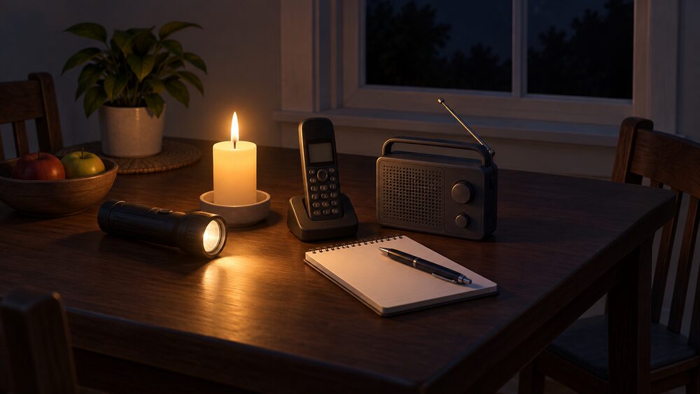 A dark kitchen table during a power cut, lit by a lit candle and a torch lying beside it, with a cordless home phone, a small portable radio and a blank notepad with a pen arranged together, and a dark unlit window behind.