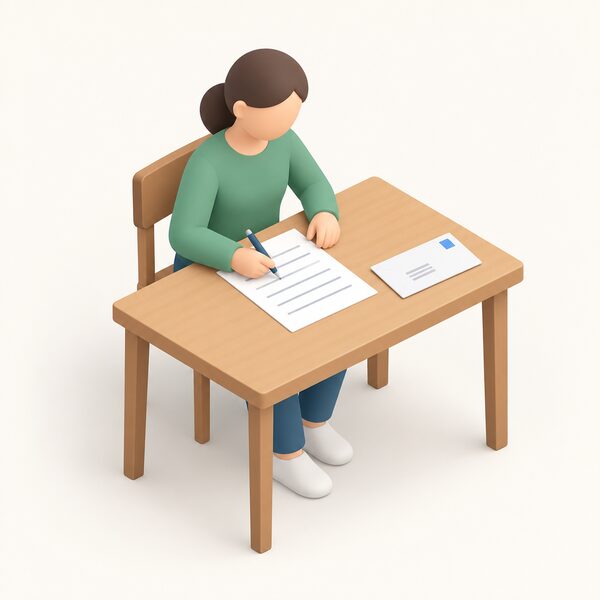 A household claim scene: a person at a home table filling in a paper claim form with blank lines, addressed to the local electricity network operator for a frequent-cut payment, with a plain envelope ready to send.