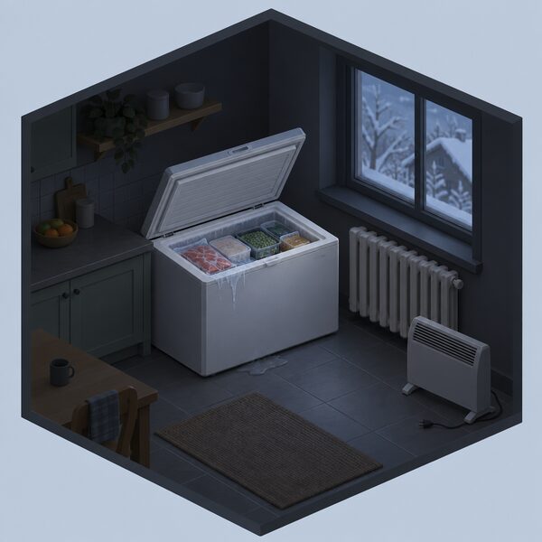 A dark kitchen interior during a winter power cut, with an open chest freezer holding visibly thawing frozen food and a cold radiator and unlit electric heater nearby, drawn as a still scene with no people.