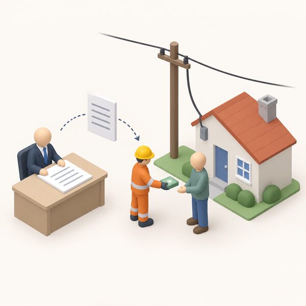 A simplified isometric scene shows a regulator figure at a desk with a standards document, overseeing a network operator figure handing a payment to a householder outside a small house connected to an overhead electricity line.