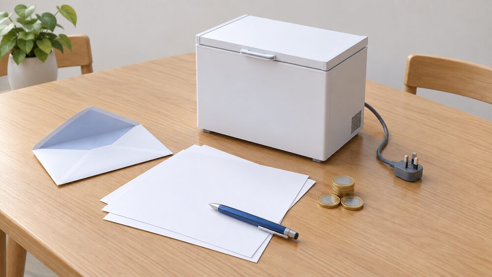 A kitchen table with blank claim paperwork, a pen, an open envelope and a small stack of coins beside a small model of a chest freezer with its plug resting unplugged on the table, showing the moment a household claims for a power cut.